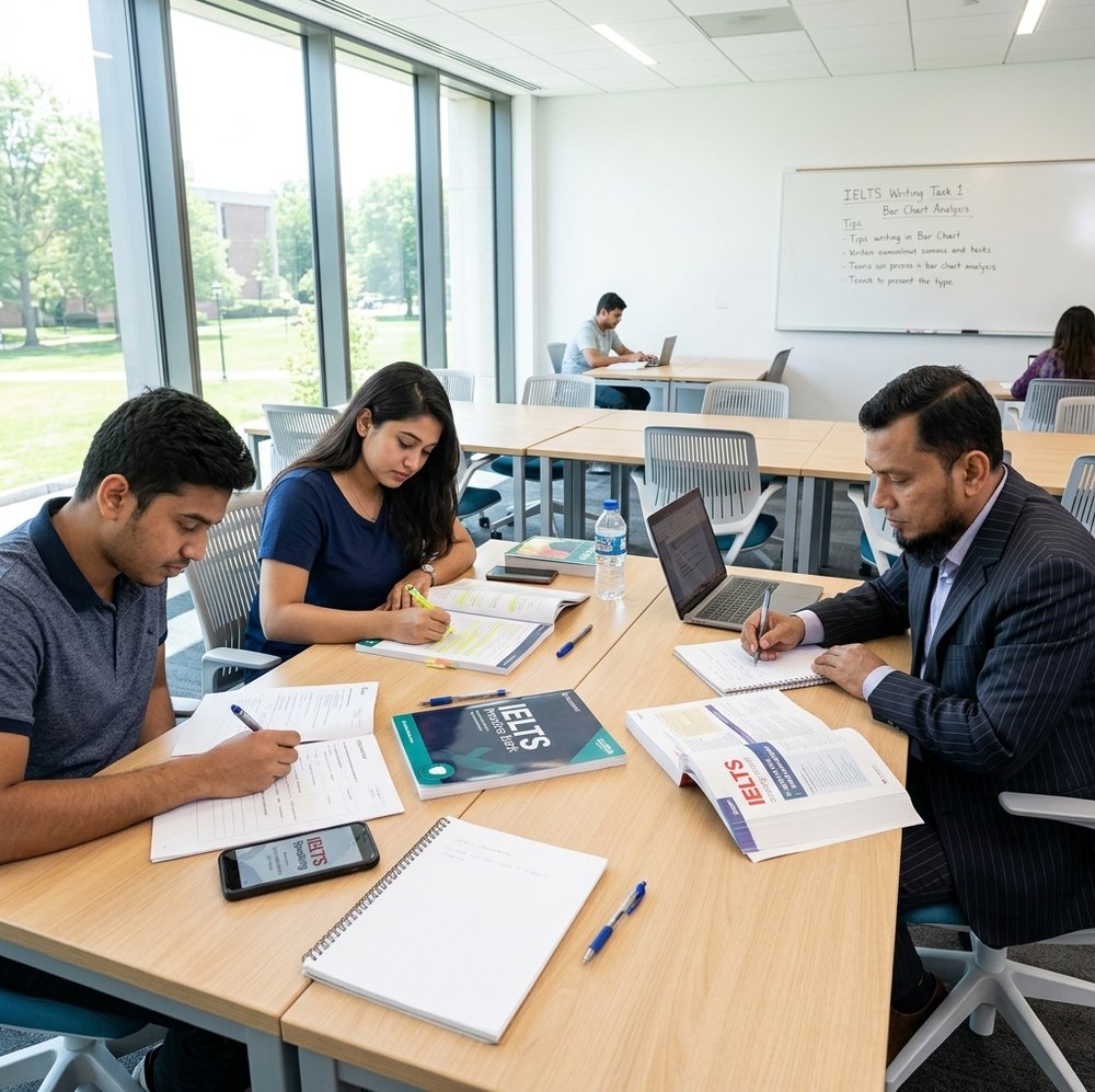 Students attending an IELTS Writing Task 1 preparation class at Oasis Study Network