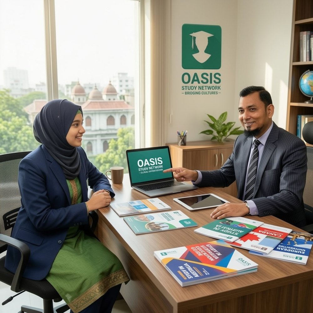 One-to-one student counselling session at the Oasis Study Network head office in Dhaka