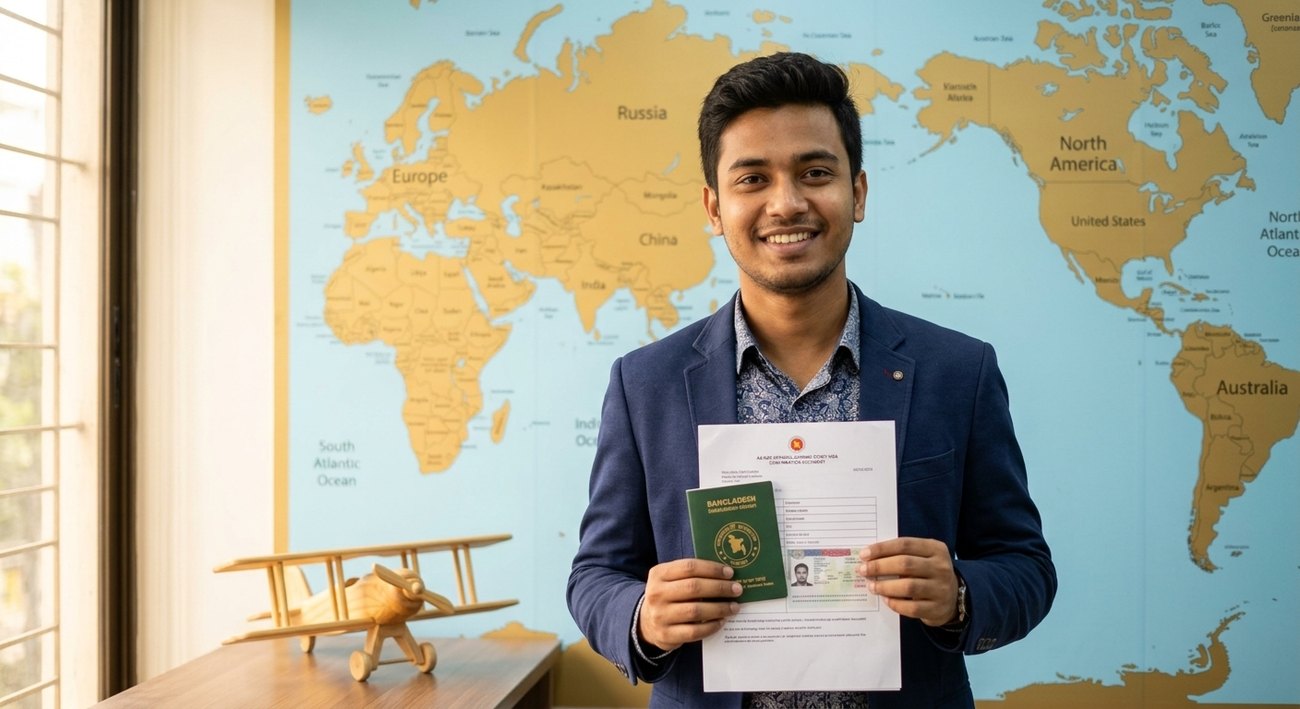 Successful Oasis Study Network applicant holding his Bangladeshi passport and approved student visa